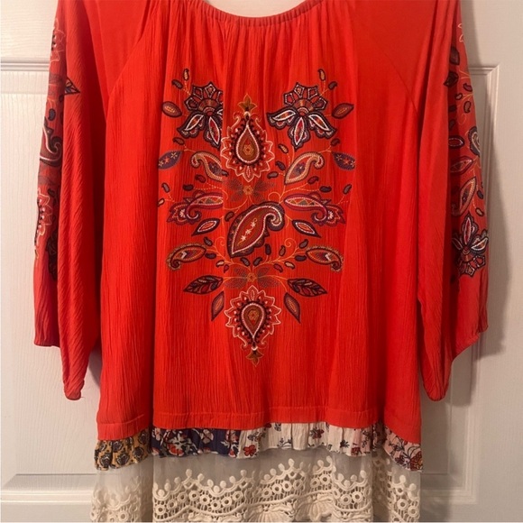 John Mark Vibrant Coral Blouse with Lace Hem - Picture 5 of 5